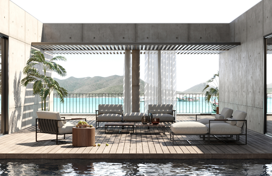 Coleo outdoor Laskasas em piscina exterior com sof modular, cadeiro,mesa de centro e puff
