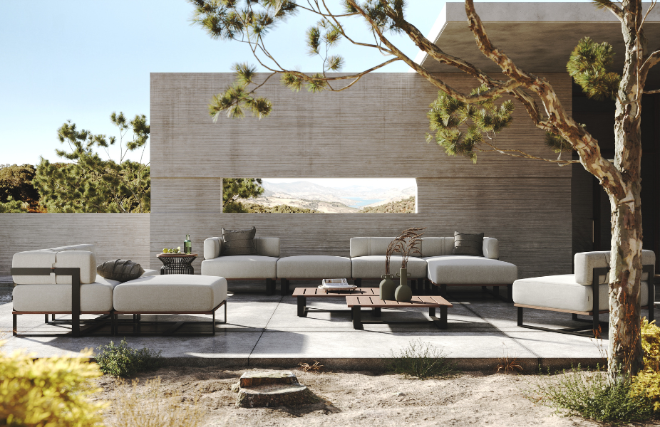 coleo outdoor Laskasas em ptio exterior com sof modular, puff e mesa de centro