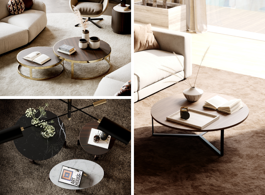 Mesa de Centro Lua, Mesa de Centro Dili, Mesa de Centro Tasos Redonda e Mesa de Centro Tasos Oval em sala de estar