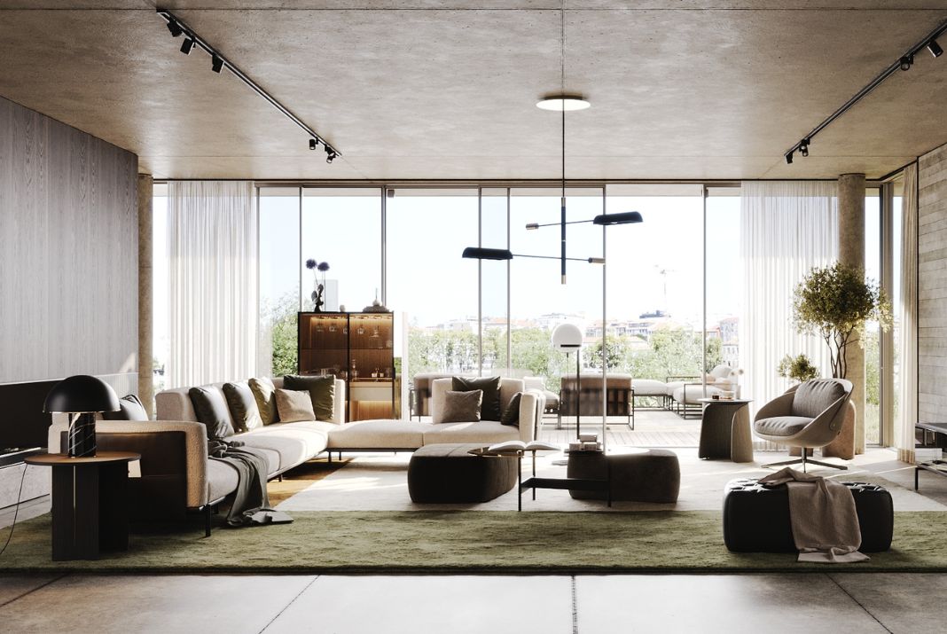 The living room decor of Laskasas' Douro House is a fusion of japandi style, biophilic design and Portuguese soul