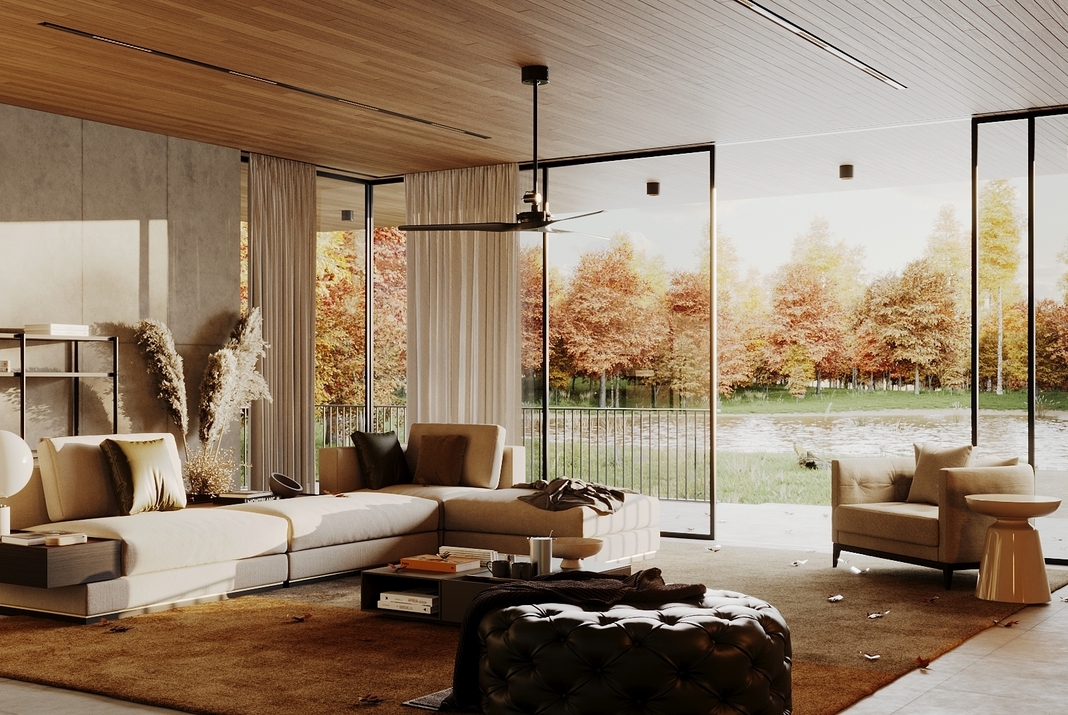 Autumnal living room with window open to fall landscape