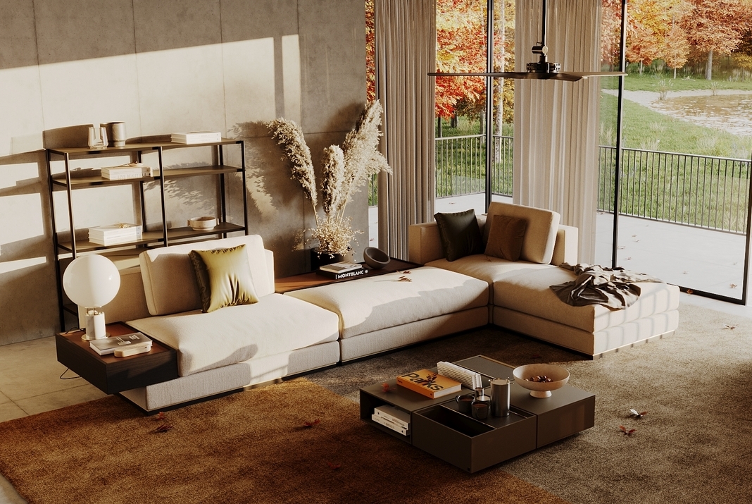 Autumnal living room with beige sofa and brown coffee table