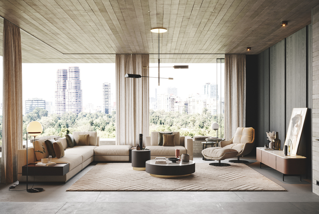 Laskasas' modern sofa in a living room with beige and brown hues