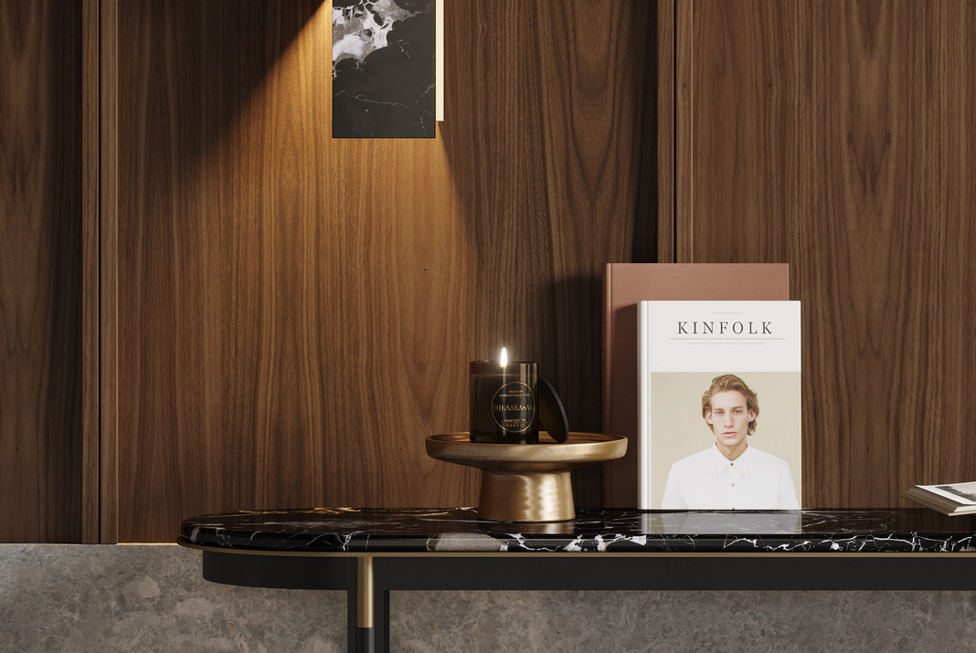 Scented candle in a marble console