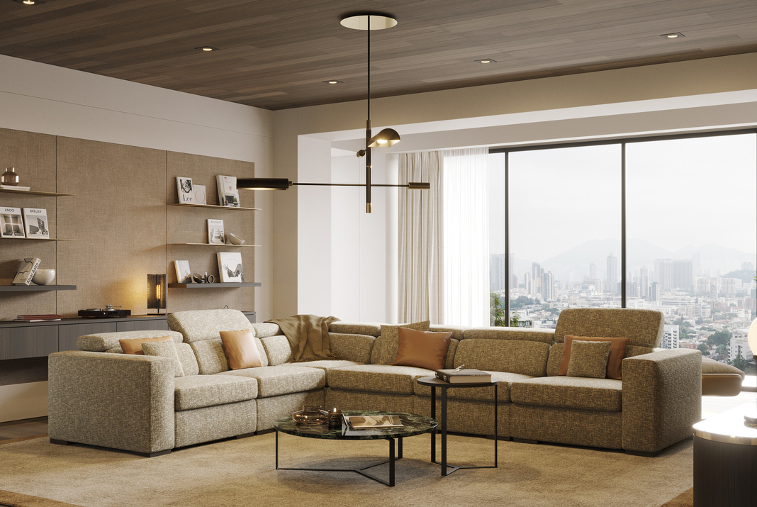 Laskasas' modern sofa in a living room with beige and brown hues and a city view
