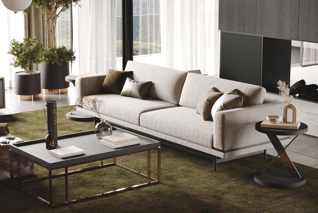 Laskasas' modern sofa in a living room with beige and brown hues and a green rug