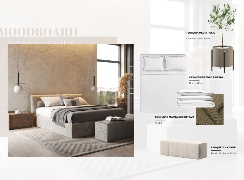 Moodboard de Vero com Floreira Media Rosie, Capa de Edredo Pipping, Conjunto Manta Decor Favo, Banqueta Charlie