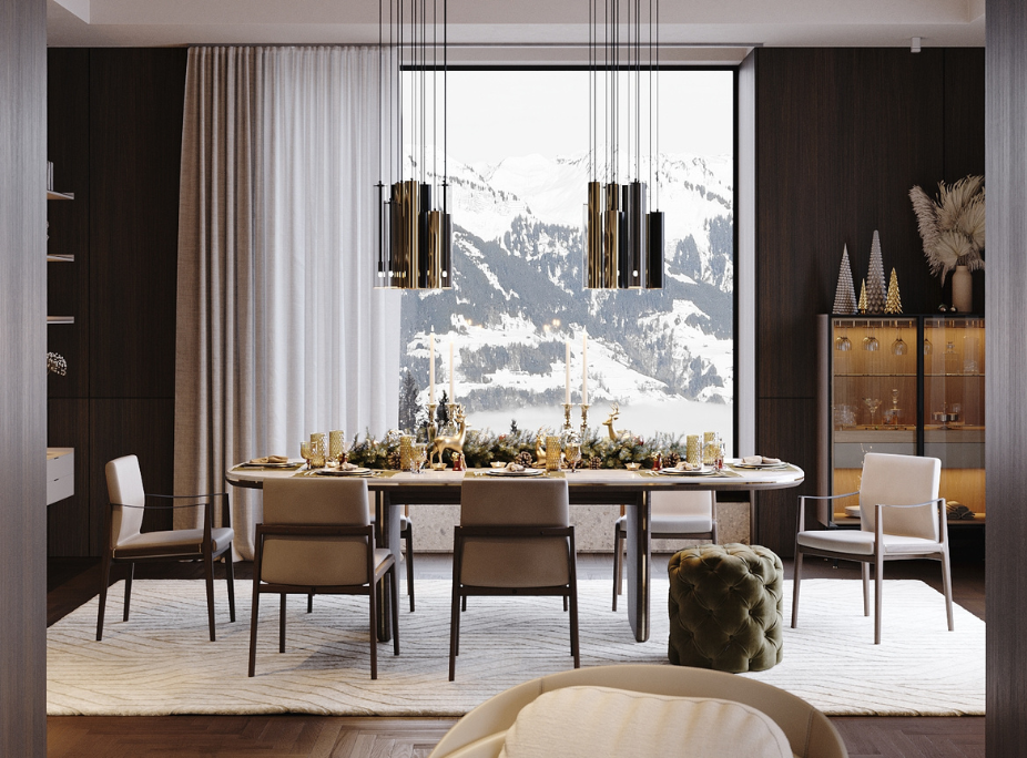 Comedor de Navidad con Sillas Jayne con brazos, Mesa de Comedor Jeane, Mueble de Bar Morrison y Lámparas de Techo Jazz.