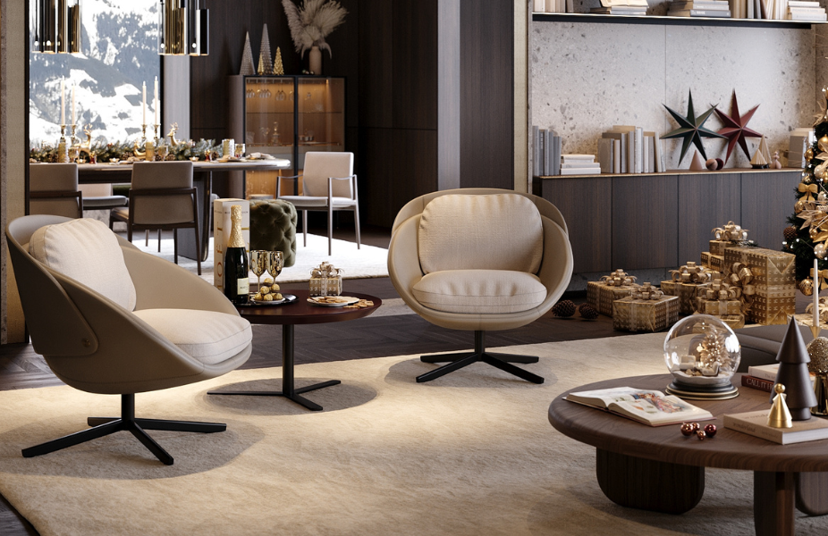 Salón de Navidad con Sillones George, Mesa Auxiliar Sen, Mesa de Centro Williams y accesorios decorativos.