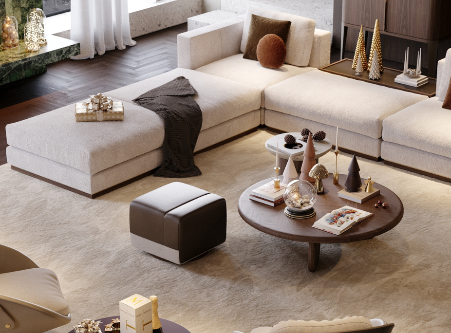 Salón de Navidad con Sofá Modular Fletcher, Puff Francis, Mesa de Centro Williams y accesorios decorativos.