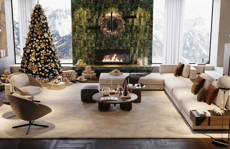 Salón de Navidad con Sillones George, Mesa de Centro Williams, Mesa Auxiliar Lao y Sofá Modular Fletcher.