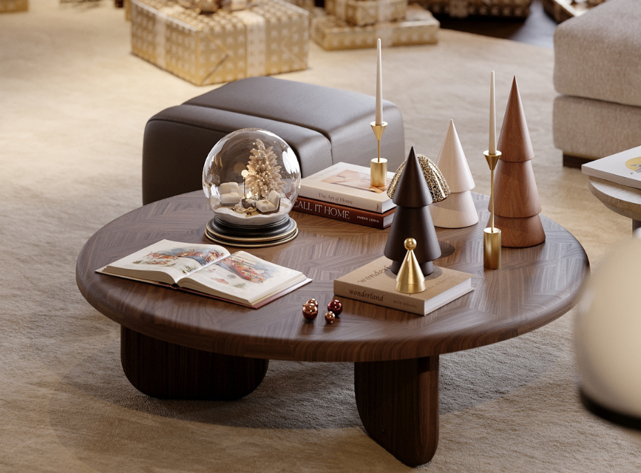 Mesa de Centro Williams com acessórios decorativos.