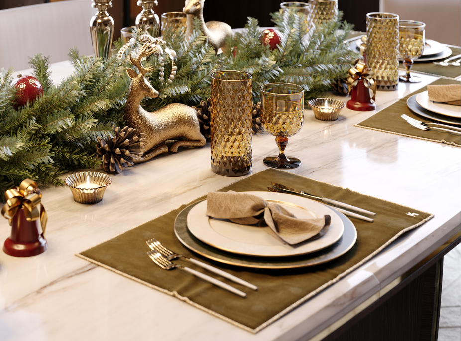 Mesa de jantar de Natal com acessórios de mesa.