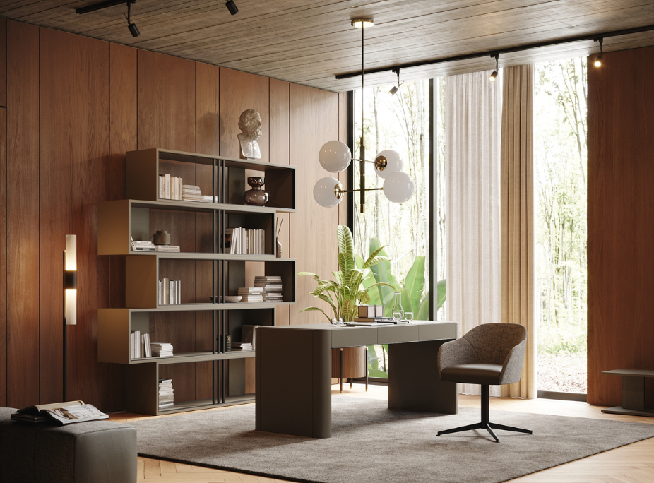 Decoração de parede em escritório com uma estante moderna para aproveitar o espaço vertical.