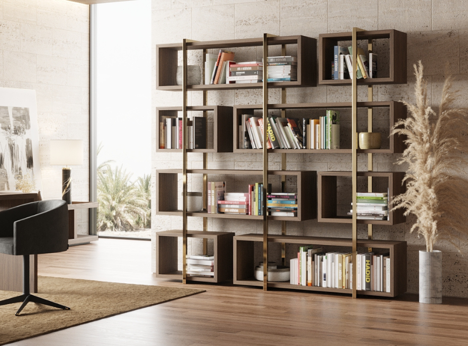 Grande estante de madeira e metal com livros e objetos decorativos, ideal para preencher paredes vazias.