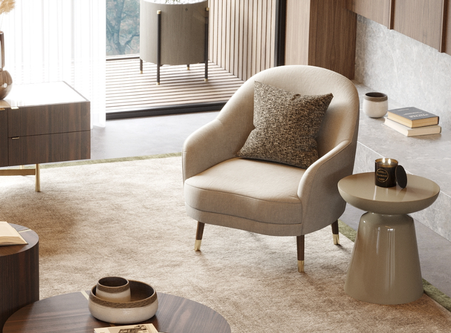 Canto acolhedor criado com uma poltrona bege confortável e mesa de apoio para aproveitar um espaço vazio na sala de estar.