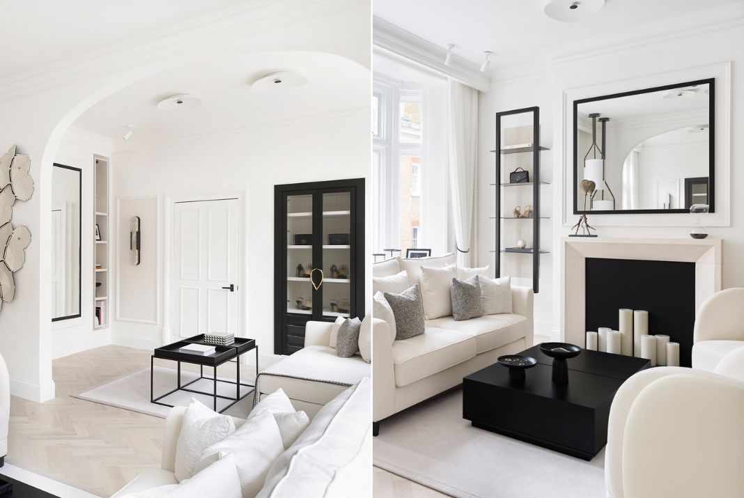  A sophisticated room featuring the Aura Side Table and Sila Coffee Table, with matte black ash bases and polished nickel accents