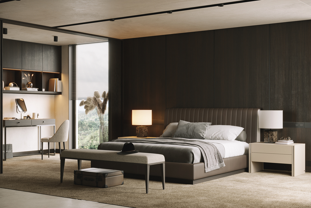 Modern bedroom with bed, bedside table, ottoman and dressing table
