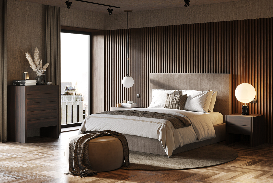 Wooden wall panels in a bedroom with a king size bed