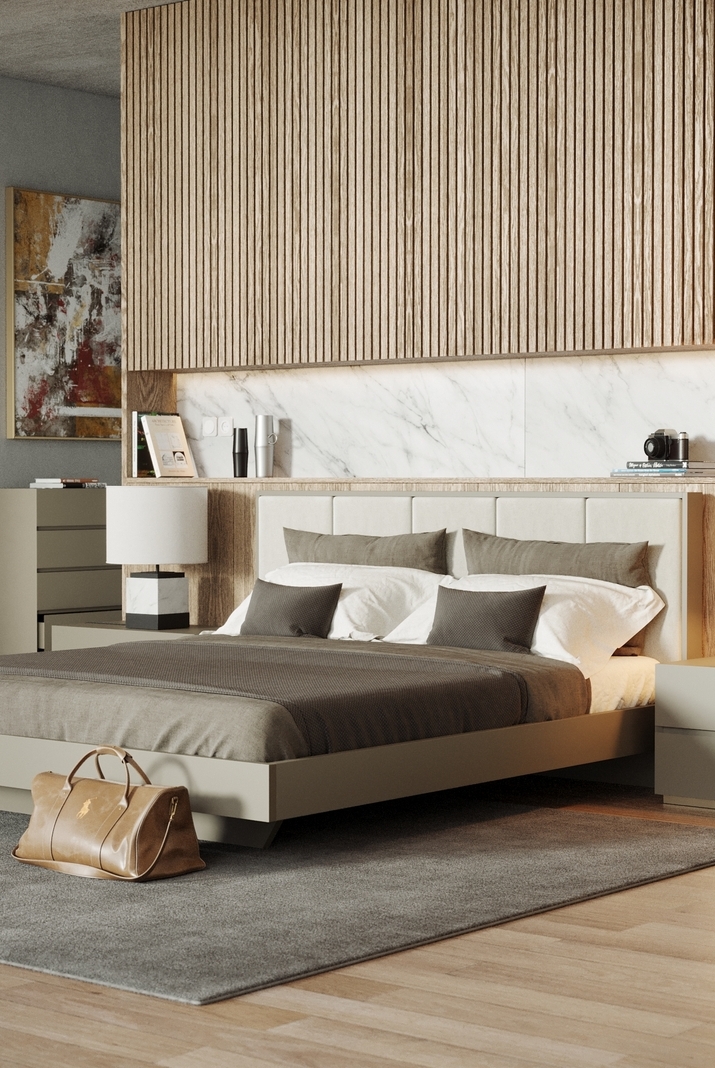Wooden wall panels in a bedroom with a large bed