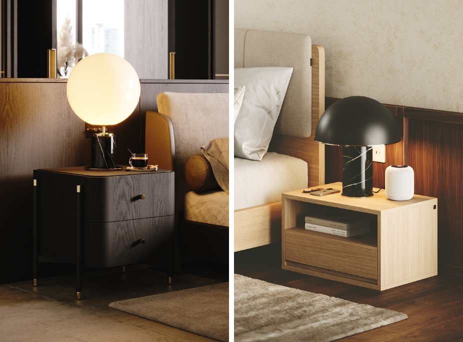 Mesa de Cabeceira Rosie e Mesa de Cabeceira Bowen (Best Sellers Laskasas 2025) em diferentes quartos