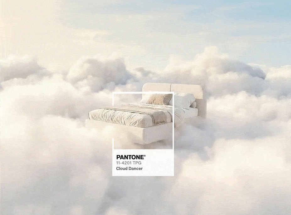 Cama Selene da Laskasas estofada em tecido na cor Claud Dancer, num ambiente conceptual de nuvens representando a cor Pantone 2026 Cloud Dancer