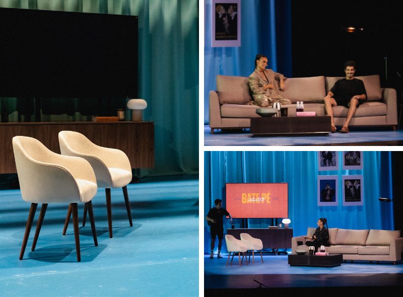 Decorao da zona sala de estar com Cadeiras Lili, sof e mesa de centro no palco do Bate P ao vivo com Mafalda Castro e Rui Simes