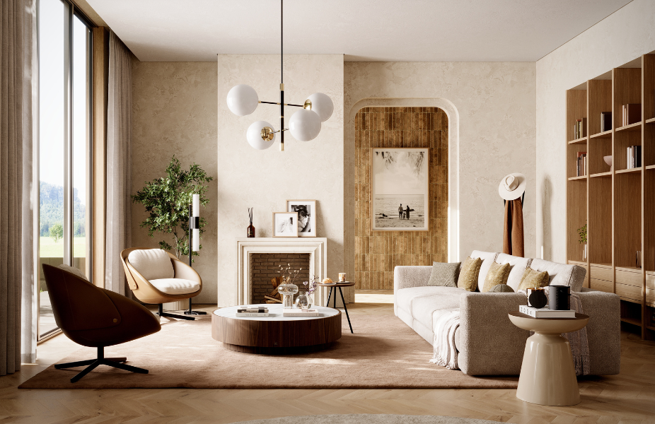 Sala de estar contempor�nea com lareira e um moderno candeeiro de teto de bra�os pretos com globos brancos.