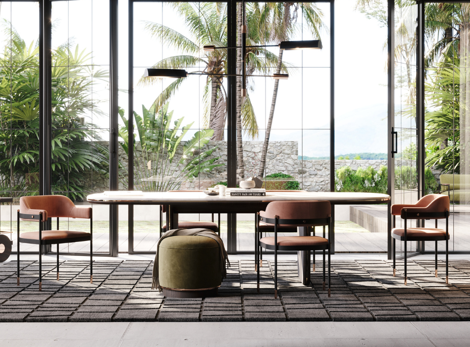 Comedor con color Pantone 2025, Mocha Mousse, en el tapizado de sillas