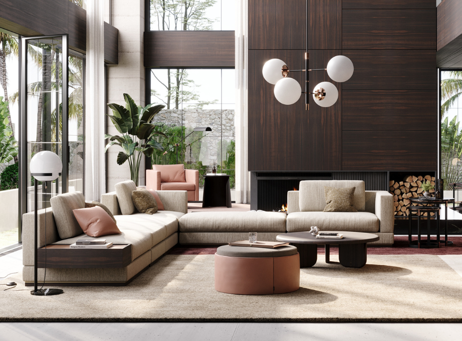 Saln con color Pantone 2025, Mocha Mousse, en el tapizado de silln y puffs, cojines y alfombra