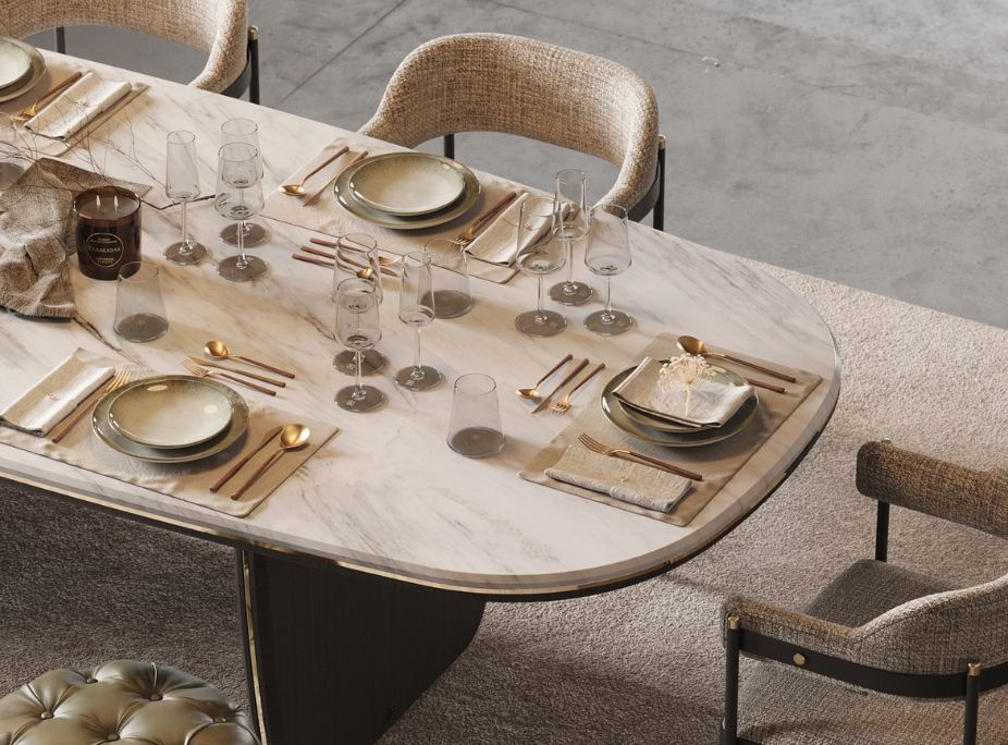 Mesa de comedor Jeane, sillas Dale, con cubertería con mango de madera