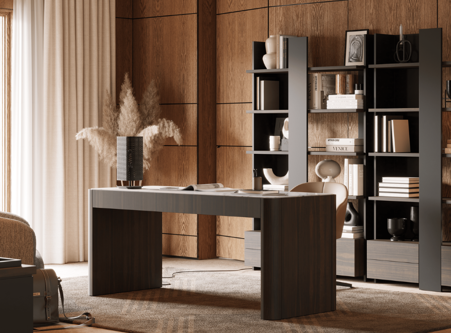 Consejos de decoracin de despachos en despacho con escritorio, silla, estantera, lmpara de mesa, macetero con planta