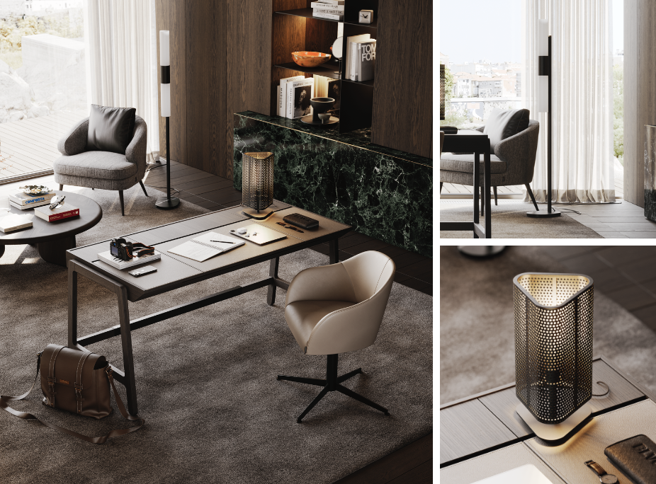 Consejos de decoracin de despachos en despacho con escritorio, sillones, silla, lmpara de mesa, lmpara de pie