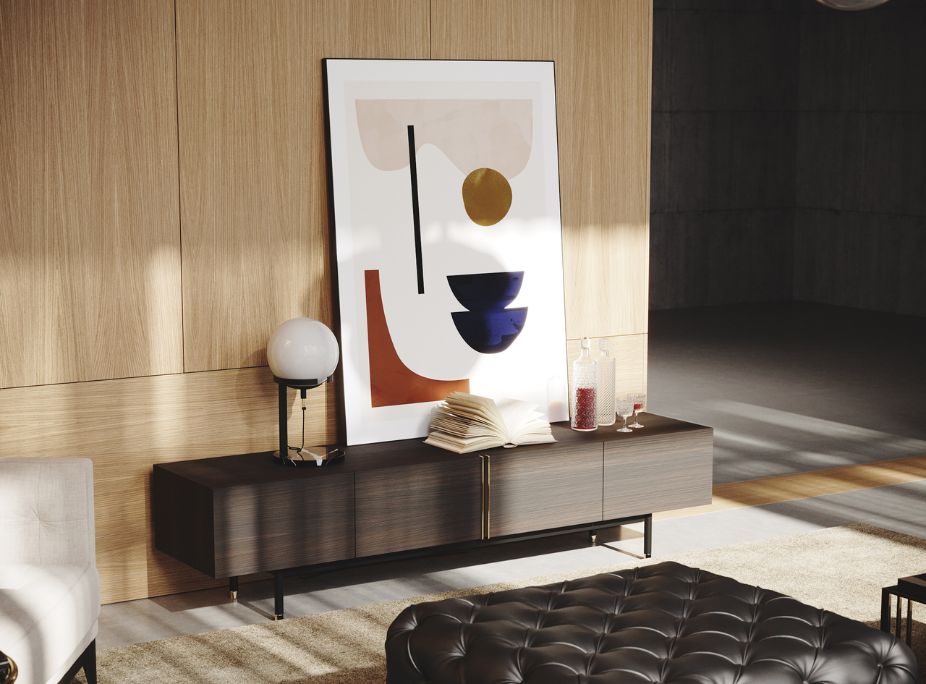 Cuadro, Puff Cuadrado Bur, Mueble para TV Cuba y Lámpara de Mesa Clarke en Salón de la casa 8