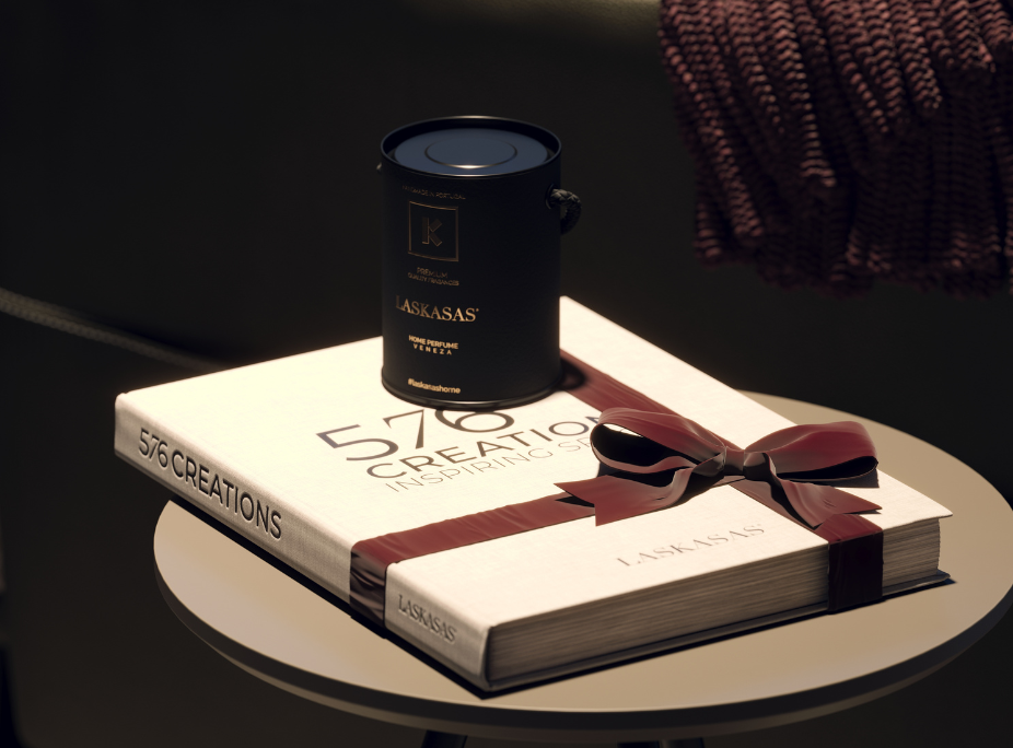 Casa com decorao de Natal em sala de estar com detalhe da mesa de apoio com livro de decorao e vela aromtica