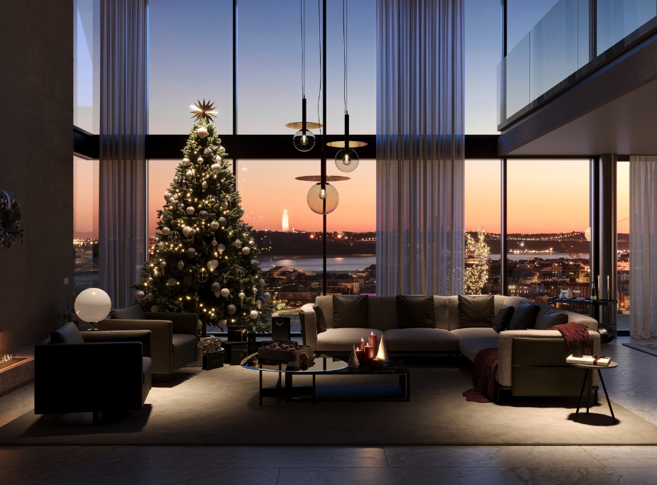 Casa com decorao de Natal em sala de estar com sof, cadeiro, mesa de centro, mesa de apoio, candeeiro e rvore de natal