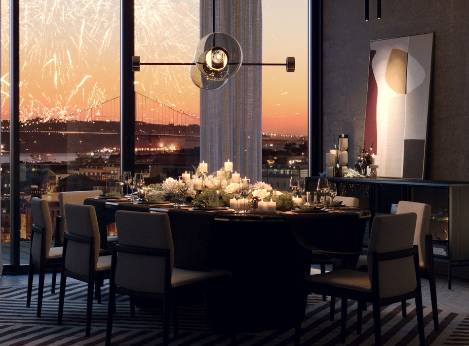 Casa com decorao de Natal em sala de jantar com mesa de jantar, cadeiras e aparador