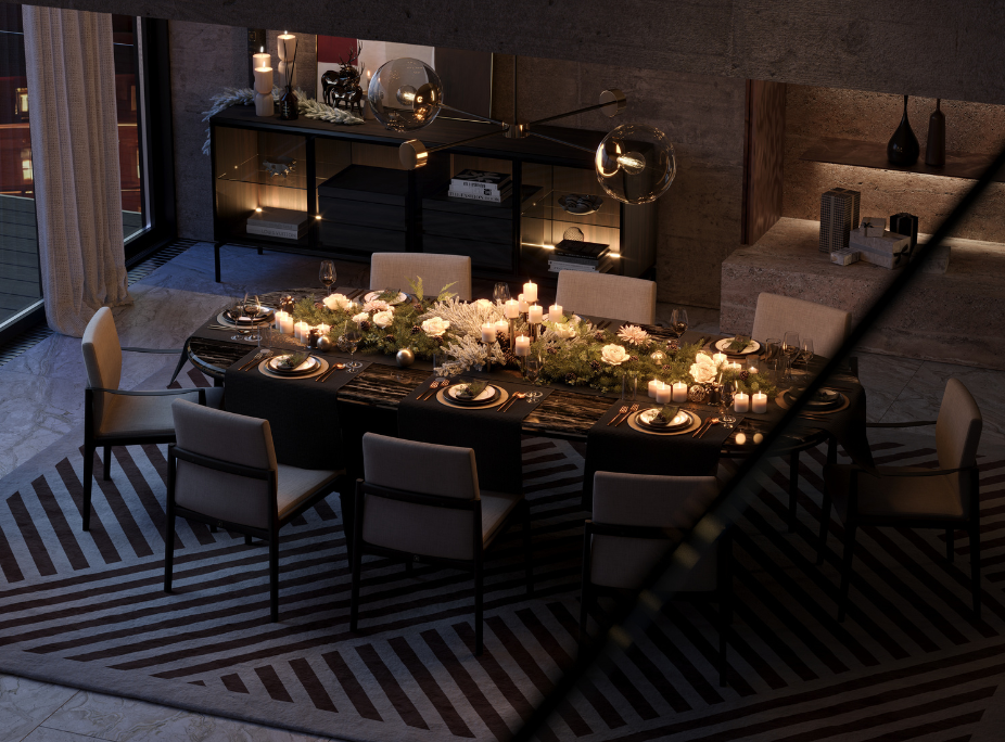 Casa com decorao de Natal em sala de jantar com mesa de jantar, cadeiras e aparador