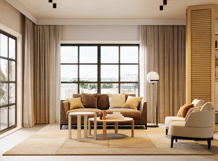 Sala de estar com tapete, cortinas e capas de almofada de inverto, em tons neutros e terrosos claros