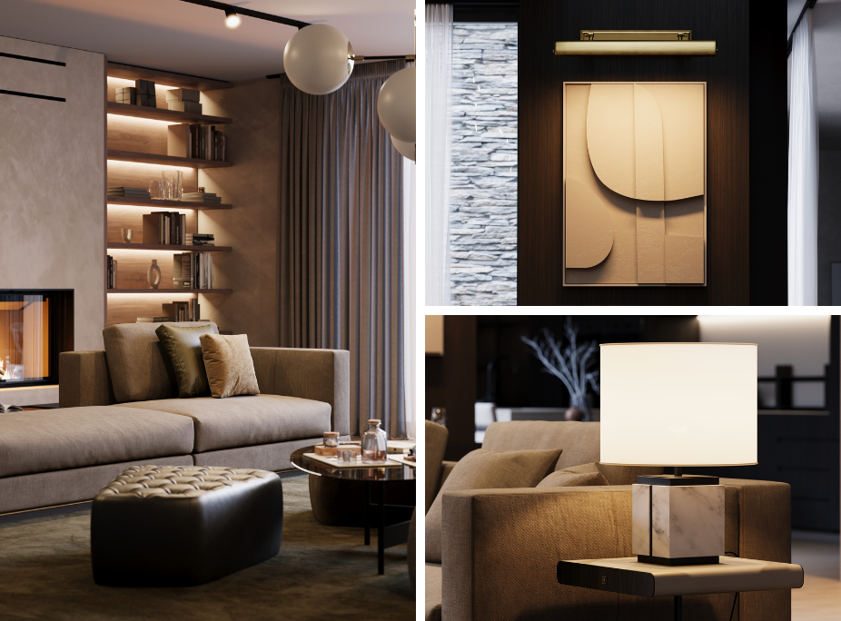 Diferentes fontes de iluminação, com lâmpadas quentes, em sala de estar de inverno