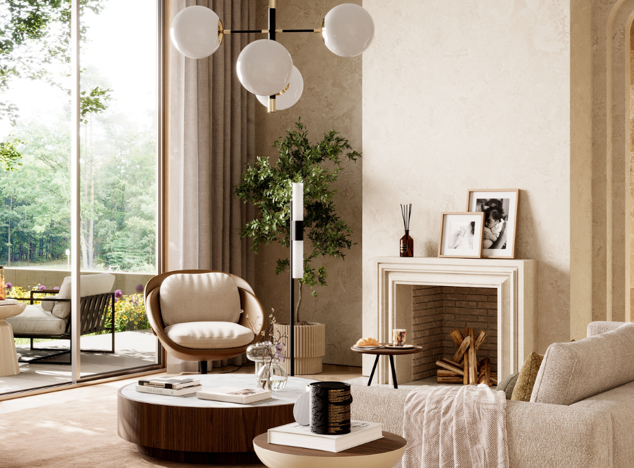 Dicas de decora��o de paredes em sala de estar com quadros na parede sobre a lareira e floreira com planta em canto da sala, ao lado da lareira