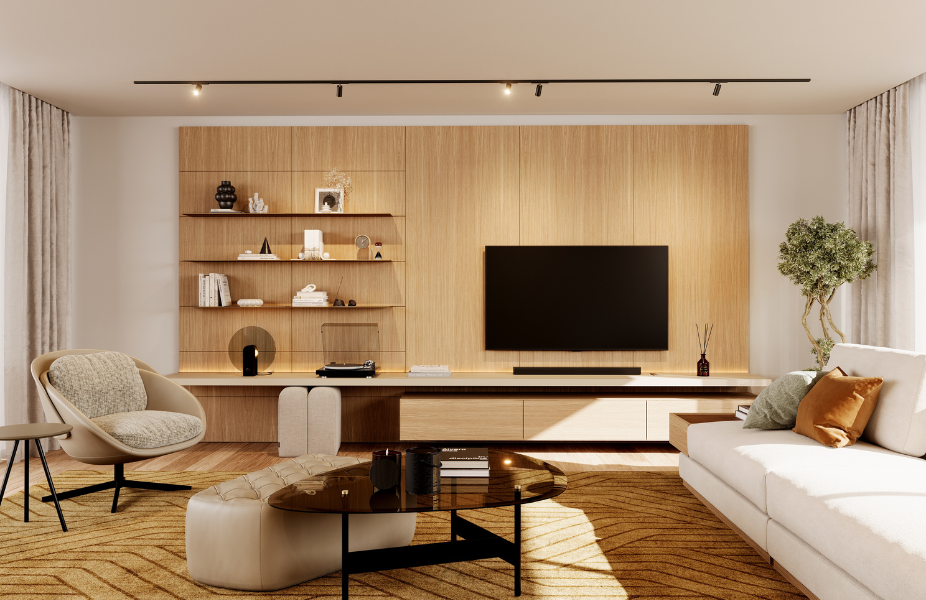 Dicas de decora��o de paredes em sala de estar com prateleiras na parede ao lado da televis�o e sobre o m�vel de tv, mais floreira a ocupar espa�o vazio no canto da sala