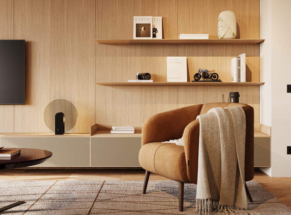 Dicas de decora��o de paredes em sala de estar com prateleiras suspensas na parede, colocadas ao lado da televis�o sobre o m�vel de tv