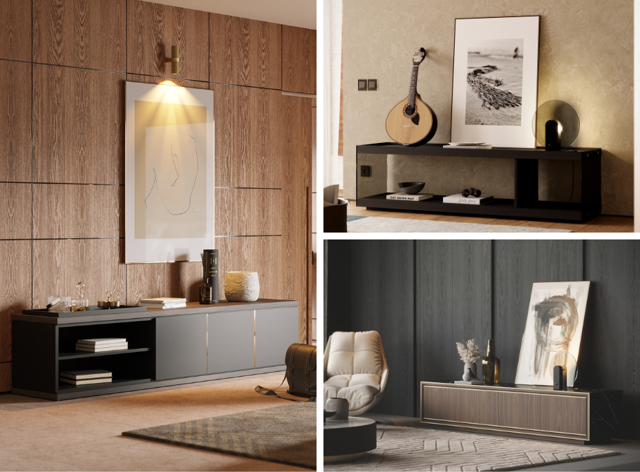 Dicas de decora��o de paredes em salas de estar com quadros decorativos colocados nas paredes sobre m�veis de TV e m�veis de apoio