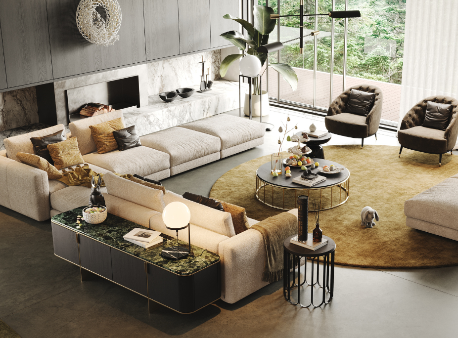 Decorao de Pscoa 2024 em sala de estar com sof, mesa de centro, mesas de apoio, cadeires, tapete, candeeiro de teto e mvel de tv