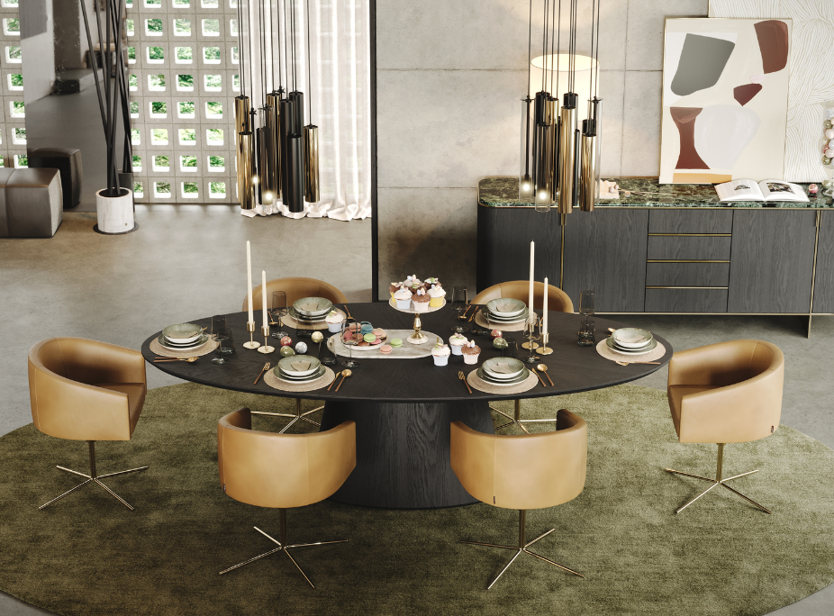 Decorao de Pscoa 2024 em sala de jantar com mesa de jantar, cadeiras giratrias, mesa de jantar, candeeiros de teto e decorao de primavera