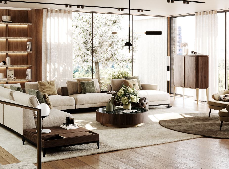 decorao primavera 2024 em sala de estar com bastante luz natural, cortinas leves, sof, mesa de centro e candeeiro