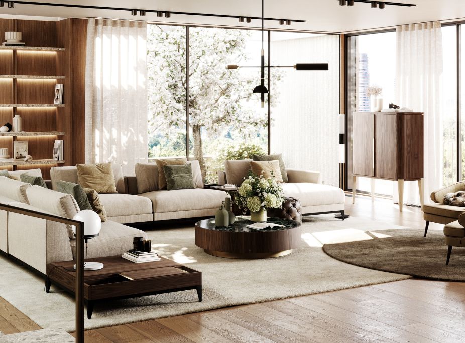 decorao primavera 2024 em sala de estar com bastante luz natural, cortinas leves, sof, mesa de centro e candeeiro