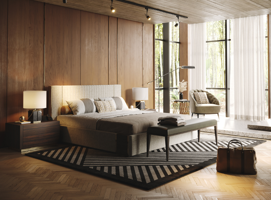 Dicas de decorao para quarto de casal  - quarto com cama, tapete, banqueta, cadeiro, mesa de apoio, mesa de cabeceira, candeiro de p, de mesa e de teto