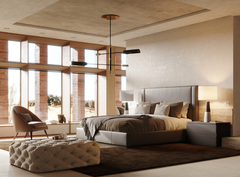 Dicas de decorao para quarto de casal  - quarto com cama de casal, puff, candeeiro de mesa, candeeiro de teto, mesa de cabeceira e cadeiro